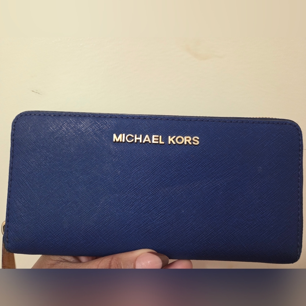 Michael Kors Jetset Lg Card Case Carryall Leather Wallet Blue Sapphire